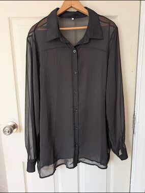 Semi-Sheer Black Long-Sleeve Button Blouse XL